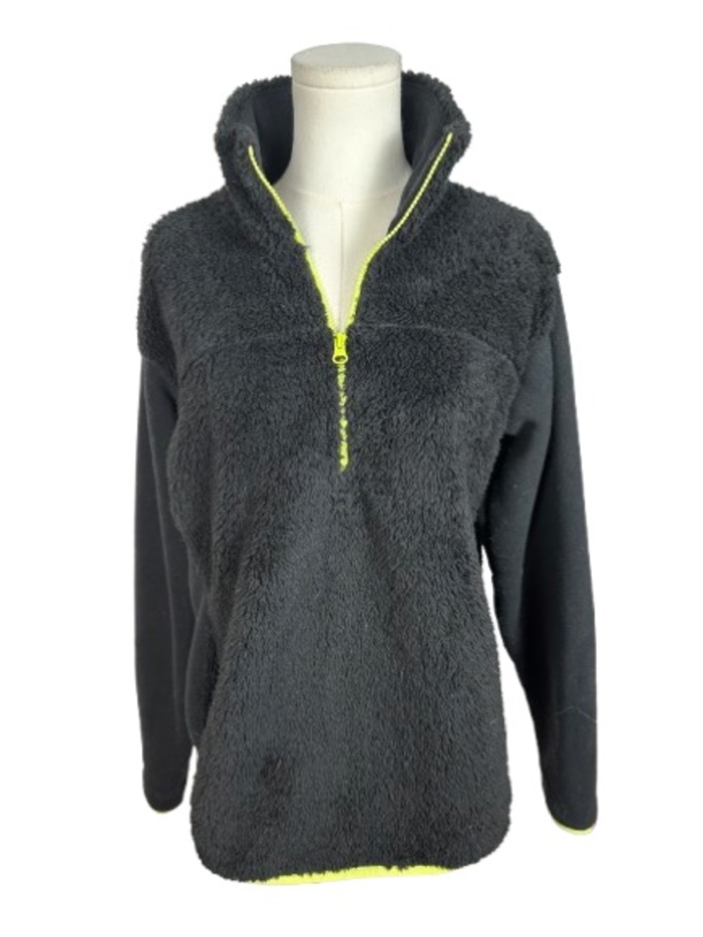 Zella Black Plush Half-Zip Sweater with Neon Yellow Trim